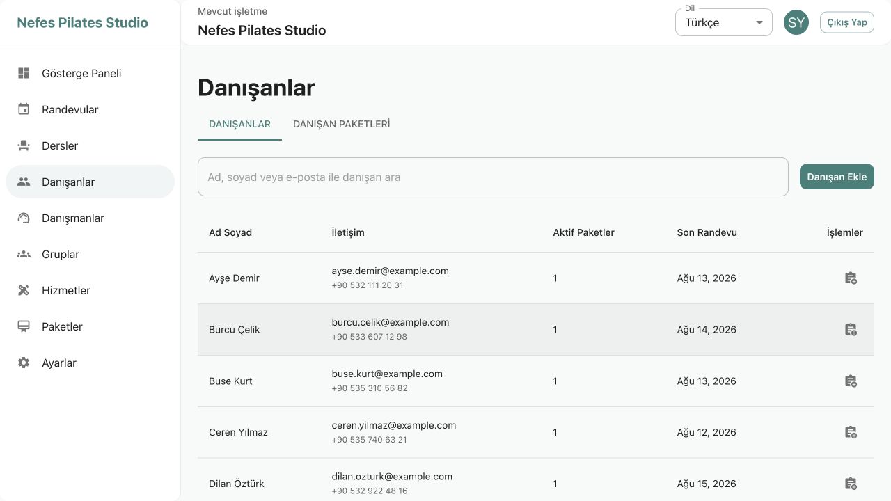Pilanvio client management screen