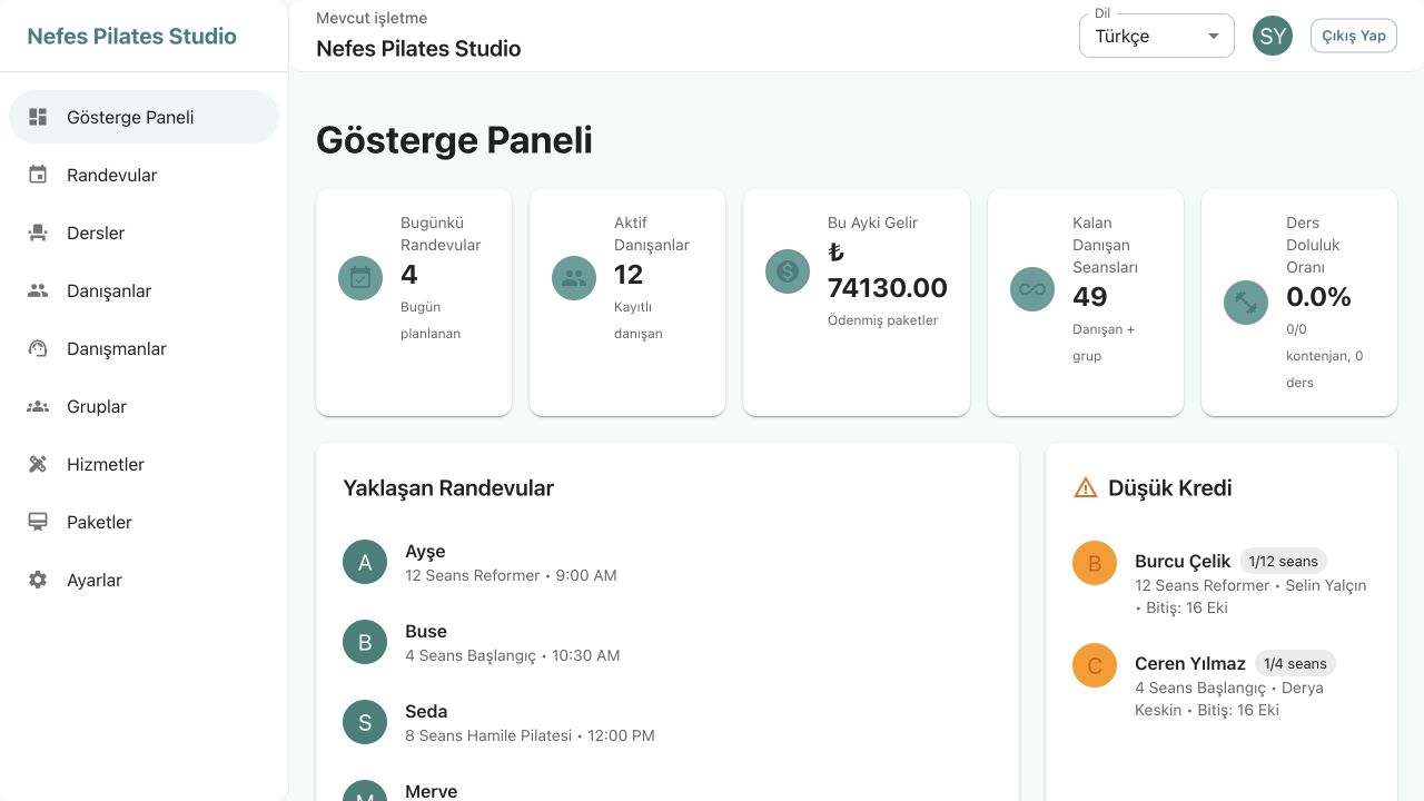 Pilanvio dashboard with real Nefes Pilates Studio data
